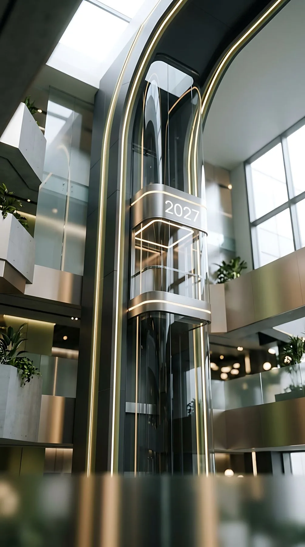 Modern glass lift in a multi-level atrium